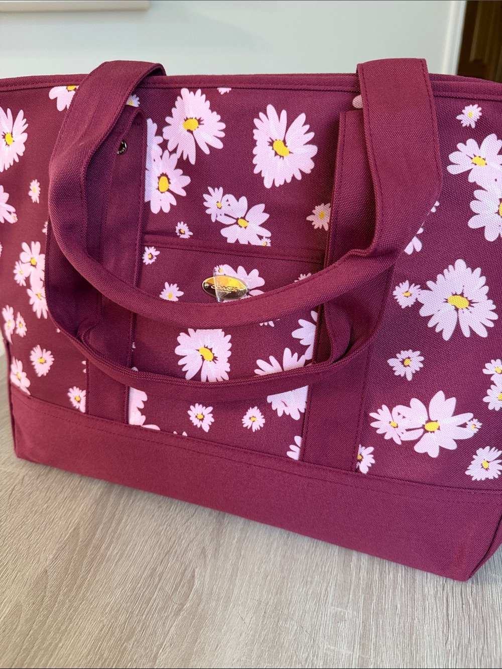 Coach Floral Tote Bag - Burgundy with Pink Daisies - Picture 2 of 5